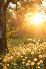 Obraz premium Sunset Glow Over a Field of Dandelions