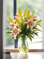 bouquet with beautiful flowers and lily in vase on light background