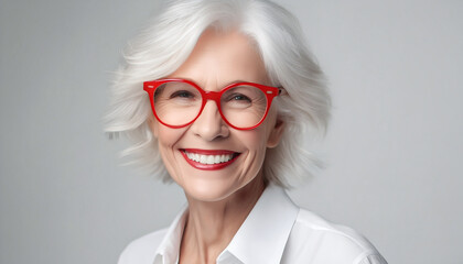 Close up portrait of beautiful smiling elderly woman. Senior female model, grey hair and white teeth