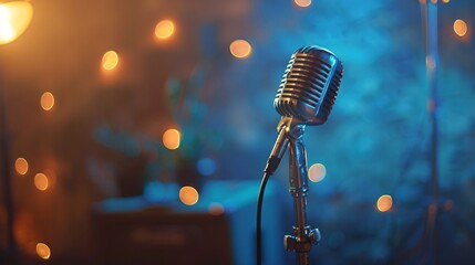 Capture the essence of performance, A vintage microphone on stage, bathed in warm lamp lighting...