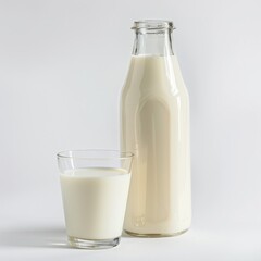 Milk in a bottle with a glass cup next to it on a light background.