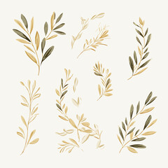 Botanical line illustration set of olive leaves, branch wreath for wedding invitation and cards, logo design, web, social media and posters template. Elegant minimal style floral vector isolated