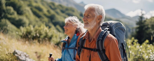Seniors hiking in the mountains with backpacks, sunny day.
