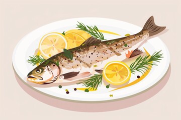 Grilled trout adorned with slices of lemon and fresh herbs, a vibrant culinary presentation for seafood enthusiasts.
