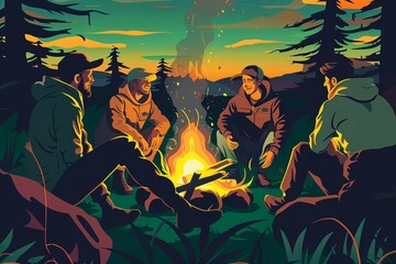 Naklejka premium A heartwarming illustration of friends gathered around a campfire in the wilderness, perfect for outdoor adventure and travel themes.