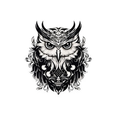 Owl head, black and white vector, silhouette shapes illustration