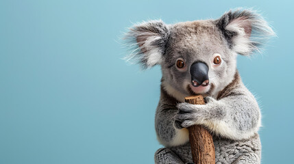 A koala bear perched on a tree branch, nibbling on a nut. The sky is clear overhead, creating a...