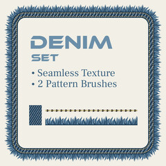 Set of design elements for denim style. Square frame, blue jeans fabric texture, denim fringe pattern brush, stitch pattern brush. Vintage style.