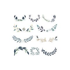 Laurel and floral text dividers doodle set. Wedding decorative elements with leaves and flowers. Branches, divider ornament, borders, lines. Hand drawn vector illustration isolated on white