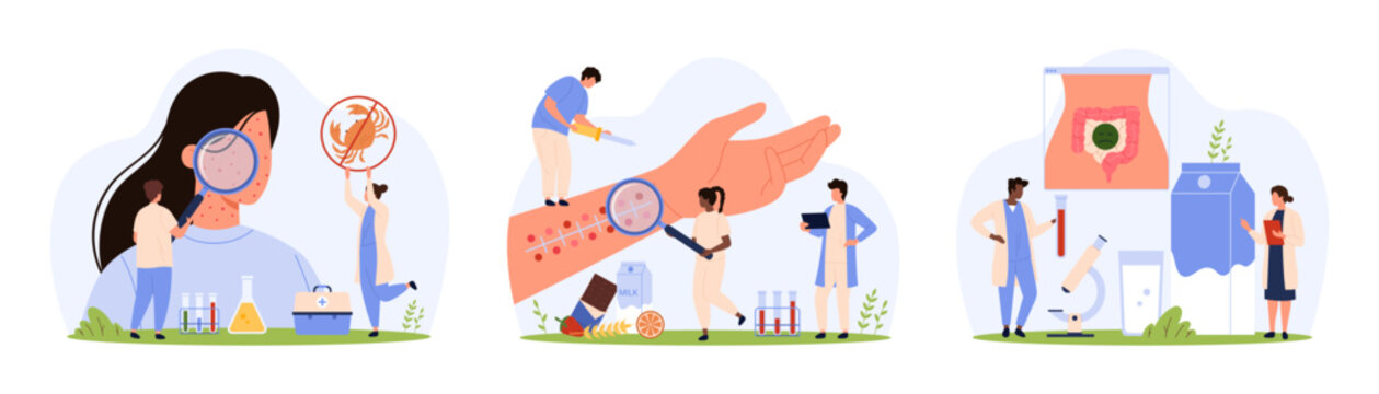 Food allergy set. Tiny people with magnifying glass research allergic reaction on hand allergy test, skin rash symptoms, stomach problems due to seafood intolerance cartoon vector illustration