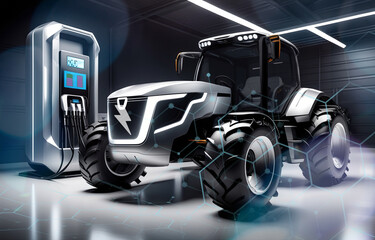 Futuristic electric farm tractor charges battery. Concept of green mobility, sustainable environment