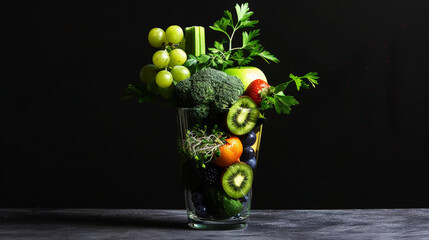 Various fruits and green vegetables in tall thin glass cup. Healthy vegan smoothie concept. Dark backdrop. Generative AI