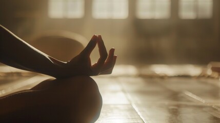 A tranquil silhouette of someone practicing meditation in a serene, sunlit space, exuding calm and mindfulness. - obrazy, fototapety, plakaty