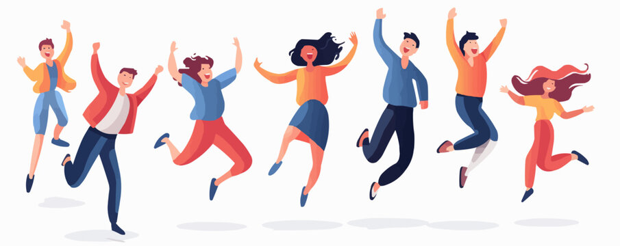 Happy joyful jumping characters set. Active energetic cheerful people celebrating success, victory. Young emotional men, women triumph. Flat graphic vector illustrations isolated on white backgro