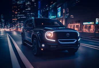 Front view of a big SUV driving on a city street at night. Car, modern vehicle, automotive concept