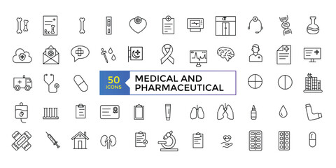 Pharmacy icon set. medication, prescription, treatment, health and syringe symbol. scientific discovery and disease prevention signs. Medical healthcare, doctor line icons.
