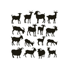 Goat silhouettes set, large pack of vector silhouette design, isolated white background