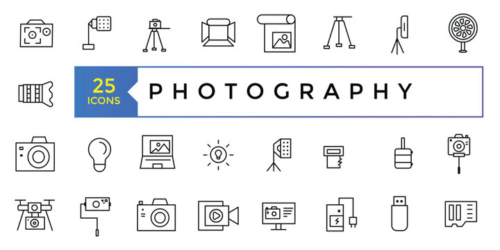 Photographer, photography, types of Photography - thin line web icon set. Outline photo icons. Photography studio light, film cameras and camera on tripod line.