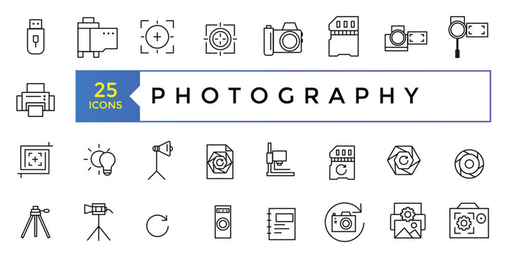 Photographer, photography, types of Photography - thin line web icon set. Outline photo icons. Photography studio light, film cameras and camera on tripod line.