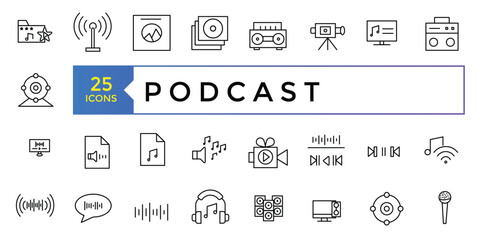 Fototapeta na wymiar Podcast and Audio line icon set. E-learning, education, online school, webinar thin line icons. For website marketing design