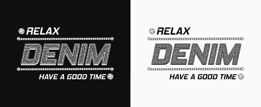 Denim style horizontal label with typography, textured letters, jeans buttons, stitches. Detailed monochrome composition in vintage style on black, white background.