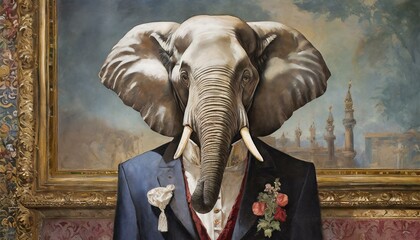 a renaissance painting of an elephant in a tuxedo 

