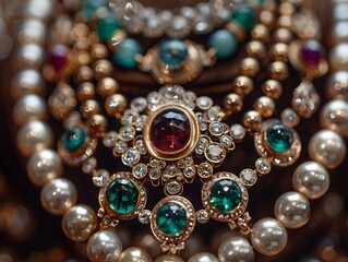 Magnificent close-up of a golden brooch featuring a central garnet stone surrounded by pearls and smaller gemstones, radiating luxury.