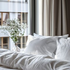 Close up of bed with white bedding against window. Scandinavian interior design of modern bedroom.