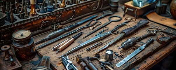 An array of precise watchmaking tools laid out on a vintage wooden workbench, showcasing the art of traditional horology.