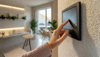 Hand touch a screen on the wall of a smart home. Finger on a control panel in a modern living room