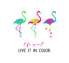 Decorative slogan with colorful flamingos, vector design for fashion, card, poster prints © springsky