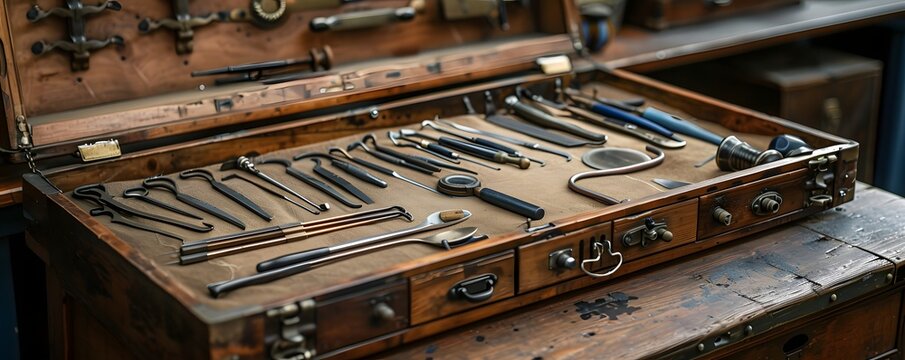 A collection of vintage surgical tools meticulously arranged in a weathered wooden case, reminiscent of historical medical practices.