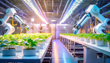 Futuristic biological laboratory. Robotic arms experiment with new indoor green cultivation methods