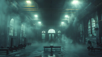 The scene of a fog-enshrouded gym with vintage weightlifting gear, creating a mysterious and intense training environment