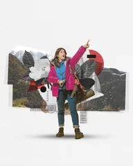 Foto op Canvas Emotional young woman with backpacks and items for camping, pointing with shocked face against nature abstract background. Contemporary art. Concept of tourism, active lifestyle, travelling, vacation © master1305