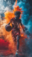 Fototapeta premium Dynamic portrait of African-American man playing basketball and running in colorful dust. Movement.