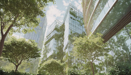 Glass business buildings with trees foreground. Real estate, property business Green economy concept