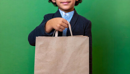 Child holding in hand a recycled paper shopping bag. Circular economy, recycling and reuse concept