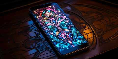 Realistic Halloween art design, A close up of a cell phone with a colorful design on the screen, Brightly colored iphone x wallpaper with a psychedelic design generative ai