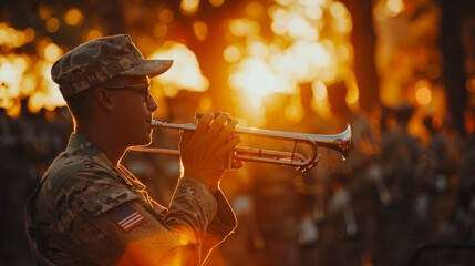 Military Officer Playing Trumpet at Sunset Ceremony - obrazy, fototapety, plakaty