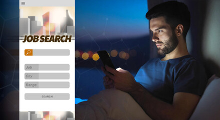Man in bed uses smartphone app to search job online. Hiring, job application and offers concept