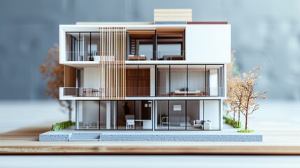 a modern miniature section model of a residential building, featuring blueprint elevations and CAD details. Showcase contemporary architectural design