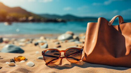 Close-up of a beach bag with sunglasses on the sandy shore with the ocean - obrazy, fototapety, plakaty