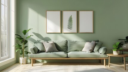 Rustic cabinet near white tufted sofa against concrete wall with art poster. Minimalist, loft, urban home interior design of modern living room.