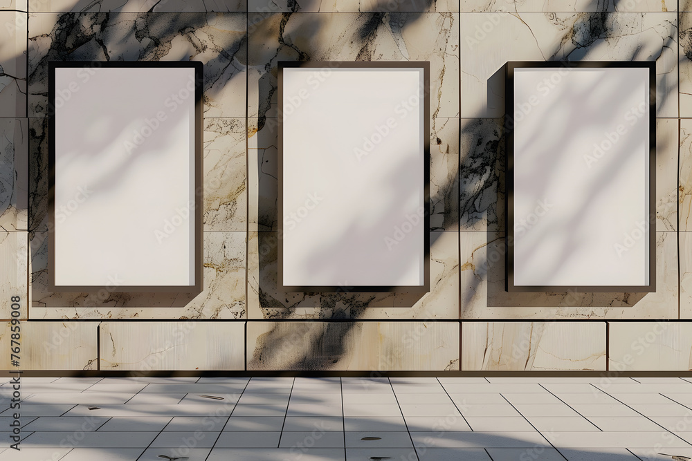 Canvas Prints three blank poster frames next to a marble wall, in the style of outdoor art, multiple screens, minimalist strokes, lightbox, phoenician art, streetscape, light brown