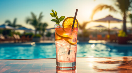 Refreshing Cocktail by the Pool at Sunset