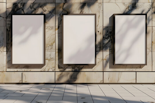 three blank poster frames next to a marble wall, in the style of outdoor art, multiple screens, minimalist strokes, lightbox, phoenician art, streetscape, light brown