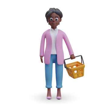 Woman standing with empty shopping cart, front view. Dark skinned female character