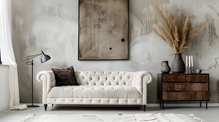 Rustic cabinet near white tufted sofa against concrete wall with art poster. Minimalist, loft, urban home interior design of modern living room.
