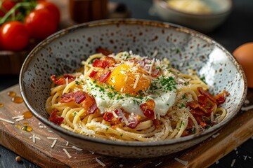 Spaghetti in a bowl topped with crispy bacon, cooked eggs, and grated Parmesan cheese